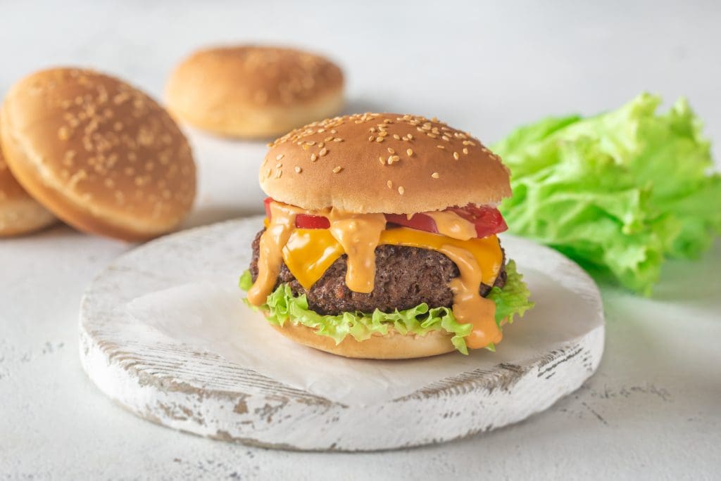 Hamburger on the wooden board