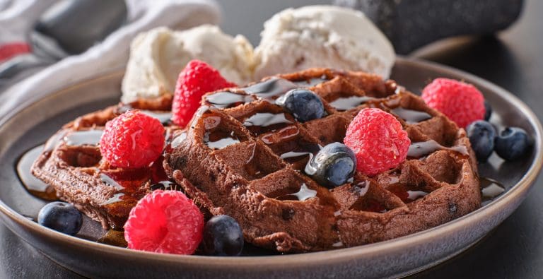 chocolate waffles with icecream and berries