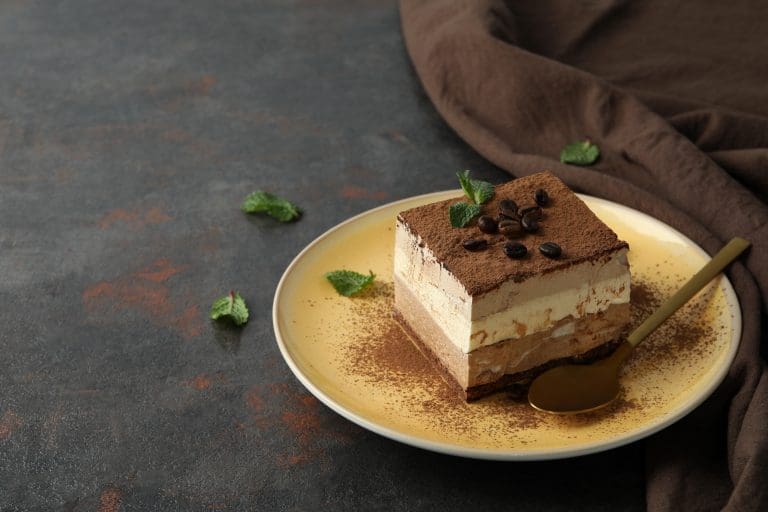 Concept of tasty dessert with Tiramisu cake, space for text