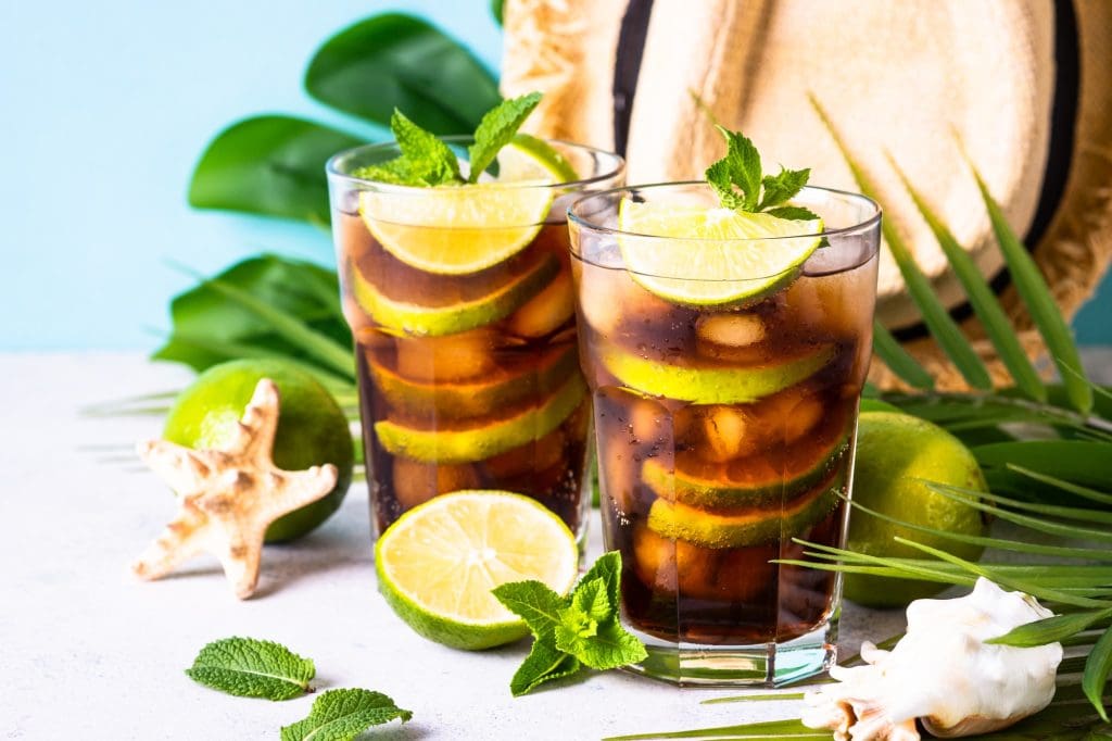Cuba Libre alcoholic cocktail, iced drink with palm leaves and sea shells.