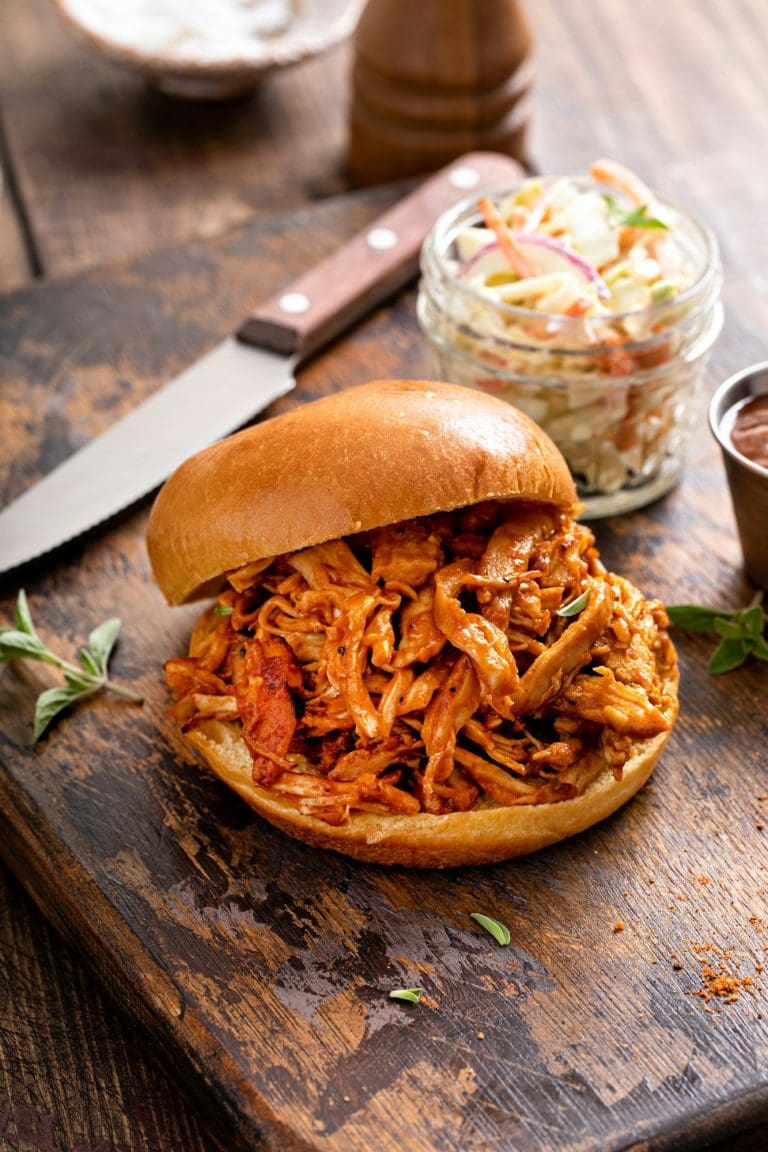 Pulled bbq chicken on a brioche bun