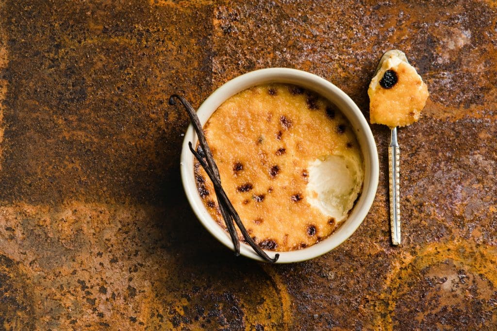 Spanish crema catalana. Creme brulee. Traditional French vanilla cream dessert. Burned cream, burnt